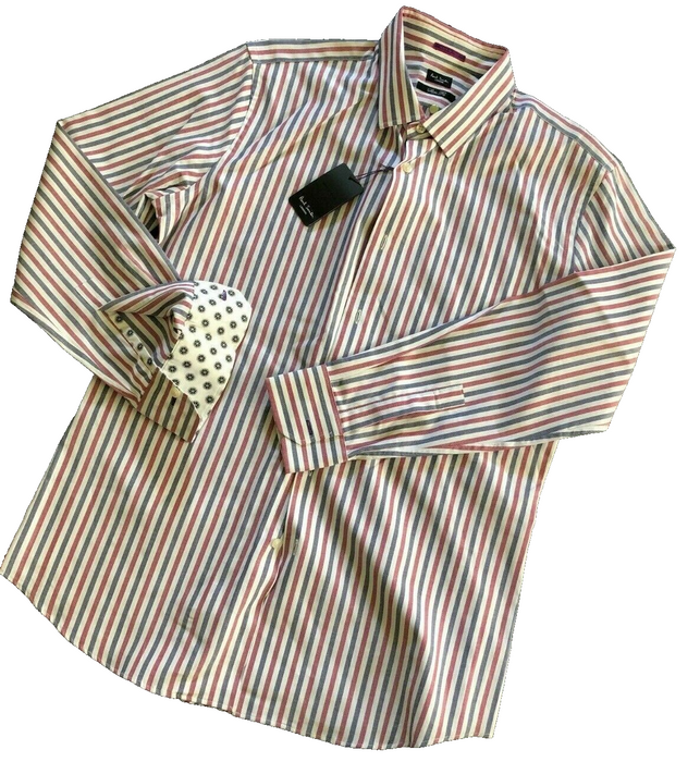 Paul Smith Shirt LONDON LS stripe with cuff detail 17/ 43  SLIM fit  p2p 22.5"