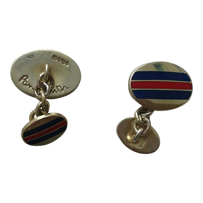 Paul Smith Cufflinks REPP Stripe 925 STERLING SILVER Oval Chain  Red & Blue