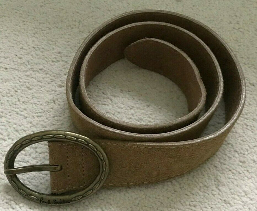 Paul Smith Belt Light Tan Suede Leather Belt  Large Oval Brass Buckle 30"  Waist