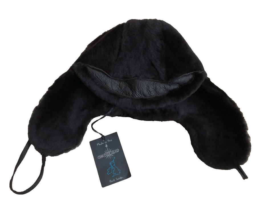 Paul Smith Men Hat Leather Peaked Chapka in Black Sheepskin