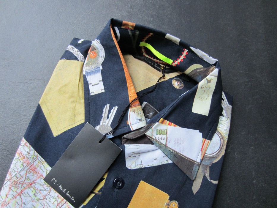 Paul Smith Shirt PS Navy Double Cuff Long Sleeve Travel Map Holiday