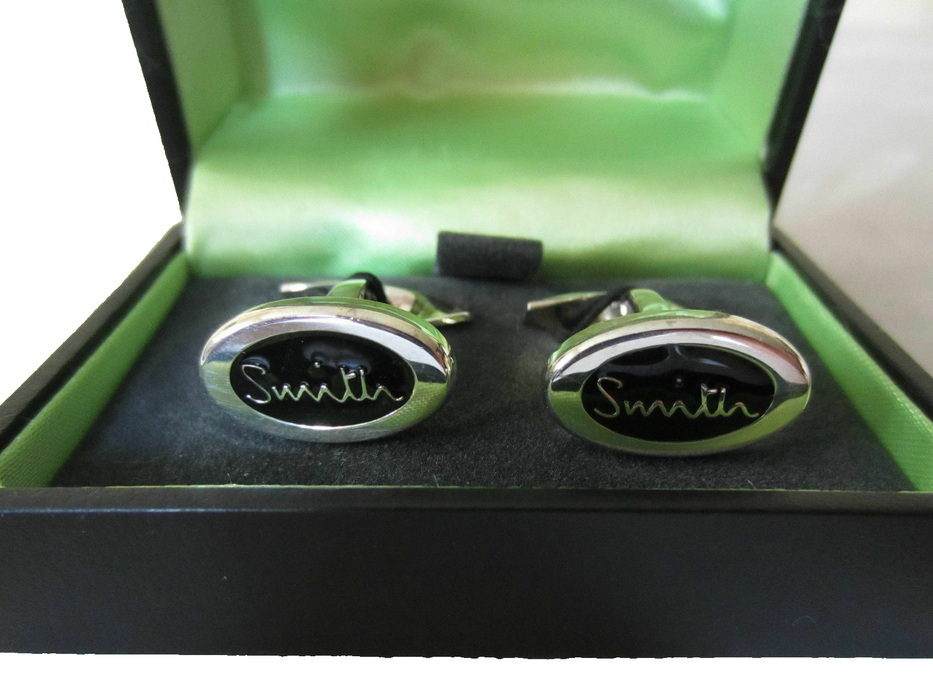 Paul Smith Cufflinks Sterling Silver "Smith" with black embellishment insert