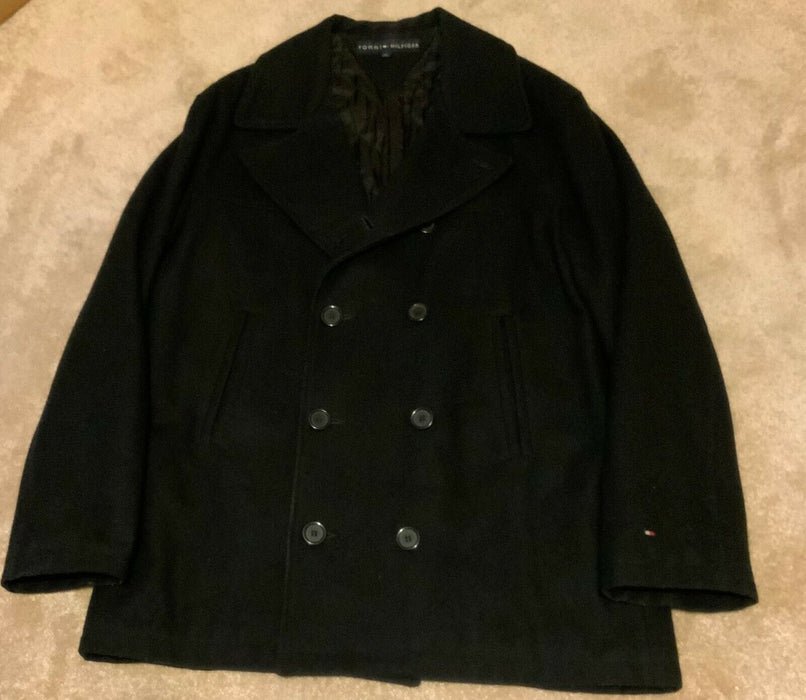 Tommy Hilfiger Men Pea Coat Casual Business Formal Wool Blend BLACK size 50/ L