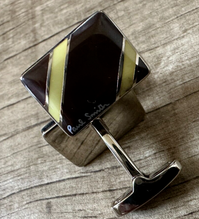 Paul Smith  Brown Rectangle Cufflinks with Yellow diagonal Stripe Boxed