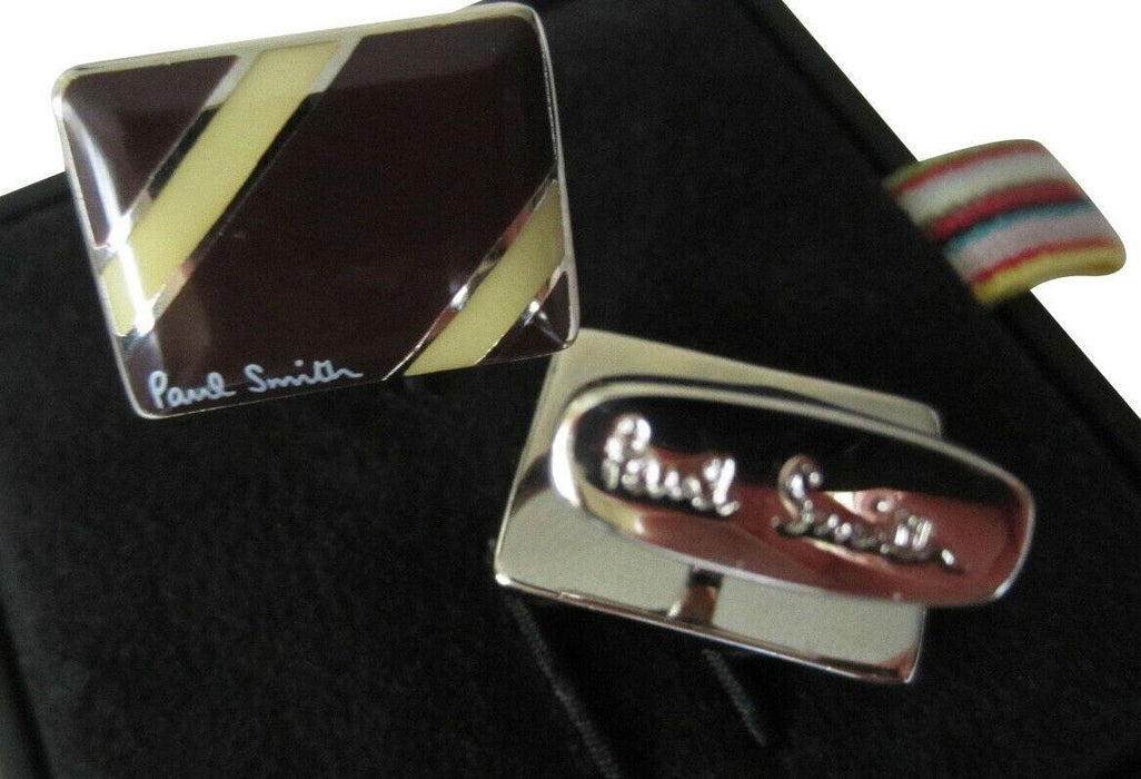 Paul Smith  Brown Rectangle Cufflinks with Yellow diagonal Stripe Boxed