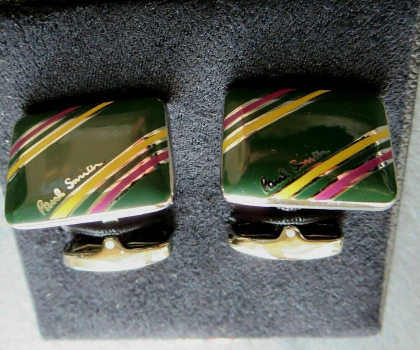 Bevelled cufflinks Green Yellow stripe bar shape Paul Smith