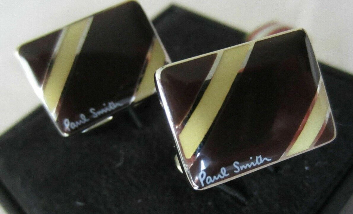 Paul Smith  Brown Rectangle Cufflinks with Yellow diagonal Stripe Boxed