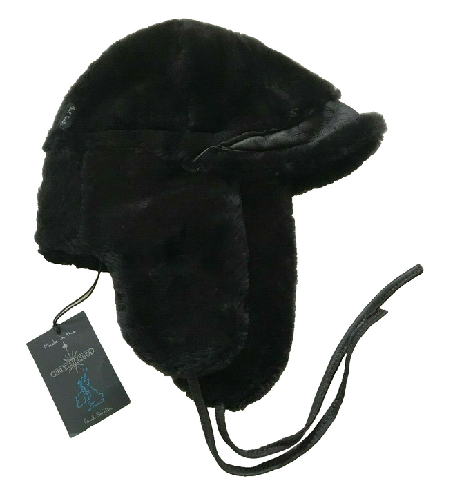 Paul Smith Men Hat Leather Peaked Chapka in Black Sheepskin