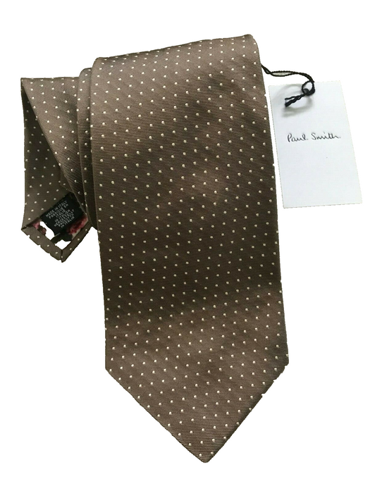 PAUL SMITH Silk TIE Brown small white dots Polka Lining  8cm