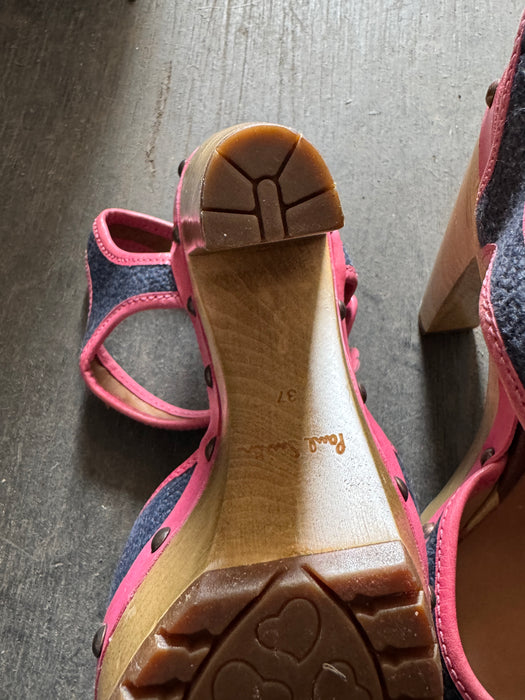 Paul Smith Pink Trim Denim Platform Sandals – Wooden Block Heel, Stud Detail,  UK 4 / EU 37