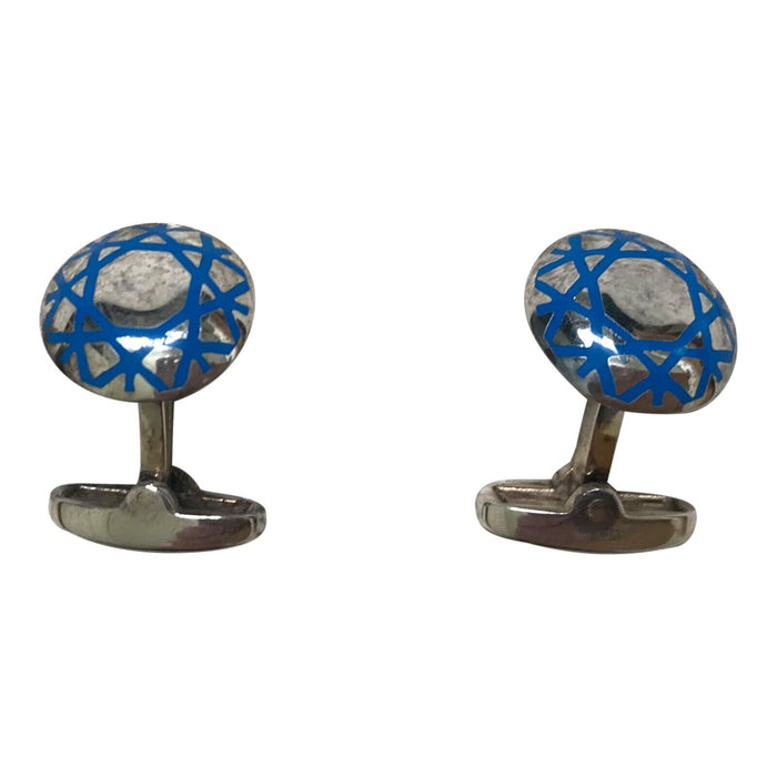 Paul Smith Cufflinks Sterling Silver Round with engraved blue geometric pattern,